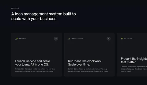 Canopy features section: left-aligned headline above a horizontally scrolling row of dark product cards, the last cut off