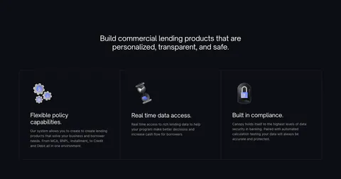 Canopy features section: centered heading above three dark bordered cards with 3D icons on a near-black background