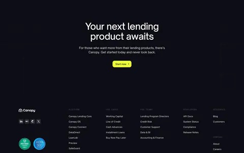 Canopy footer section: centered call-to-action with lime button above a dark footer with logo, compliance badges and link columns