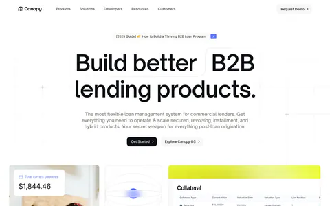 Canopy hero section: centered bold headline and two buttons above a photo, abstract tile and collateral table UI on a white grid