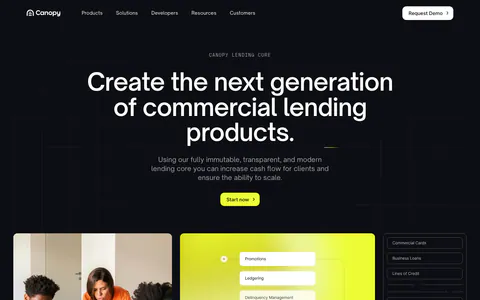 Canopy hero section: dark centered headline and lime button above a team photo, lime UI panel and product list tiles