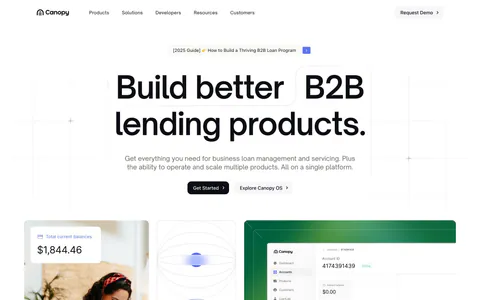 Canopy hero section: centered headline and two buttons above cards with a customer photo, line art and a loan dashboard, logos below