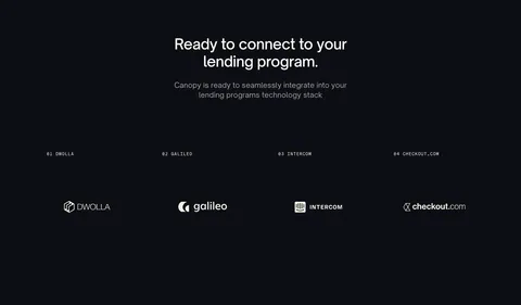 Canopy integrations section: centered headline and copy above a row of four numbered partner logos on a dark background