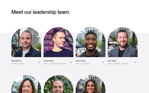 Canopy team section: heading above a grid of arch-framed leadership headshot photos with names, titles and LinkedIn icons