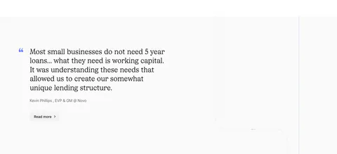 Canopy testimonials section: large serif customer quote with attribution and Read more button on a light gray background