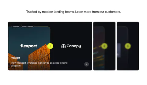 Canopy testimonials section: centered heading above a case study carousel with a Flexport container photo card and blurred cards