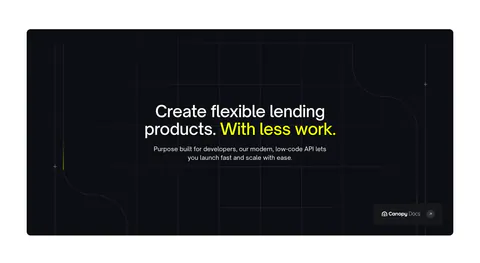 Canopy value proposition section: centered headline with lime highlight in a dark rounded panel with grid lines and a docs link