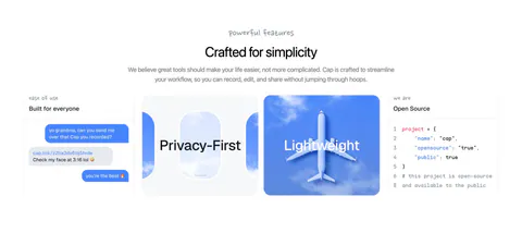 Cap features section: centered headline above four cards with a chat mockup, airplane window art, sky photo and code snippet