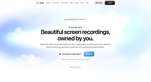 Cap hero section: centered headline with download and buy buttons over a soft blue sky and cloud background
