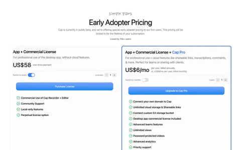 Cap pricing section: centered headline above two license cards with billing toggles, blue buttons and green-check feature lists
