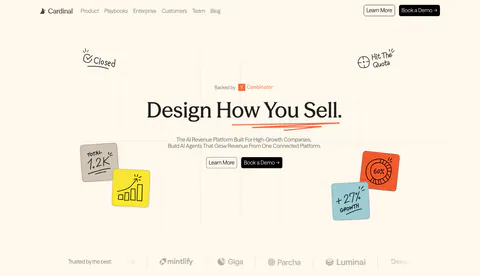 Cardinal hero section: centered serif headline with two buttons, hand-drawn sticky-note doodles on a faint grid and a logo strip on cream