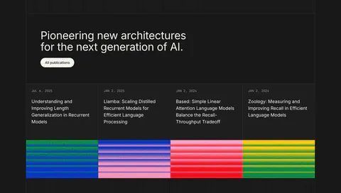 Cartesia blog & resources section: left-aligned headline above four research publication cards with grainy striped color thumbnails on dark