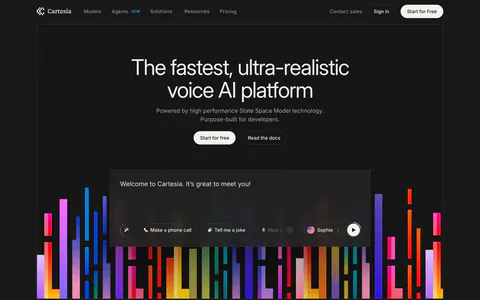 Cartesia hero section: centered headline and buttons above a voice demo widget, colorful bar artwork and customer logo row on a dark background