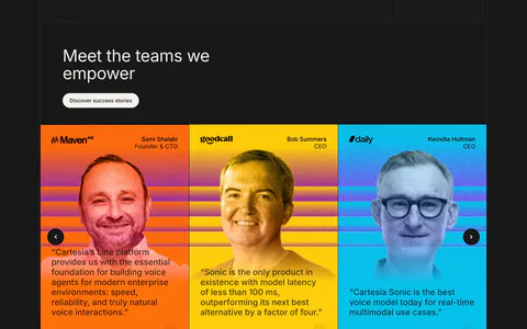 Cartesia testimonials section: carousel of three bright orange, yellow and blue cards with tinted portraits and quotes on a dark background