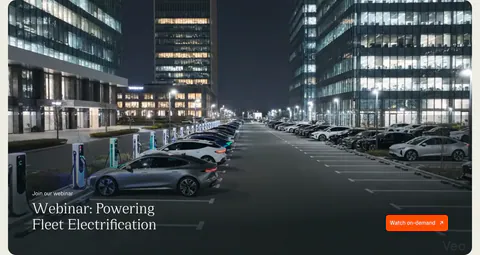 Chargetrip blog & resources section: webinar banner with serif title and orange button over a full-bleed night photo of an EV charging lot