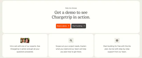 Chargetrip call-to-action section: centered serif headline with orange demo button above three cards outlining next steps
