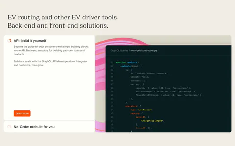 Chargetrip features section: serif headline above an expandable option list beside a GraphQL code snippet on a beige background