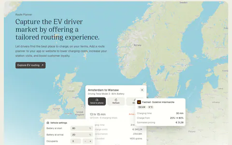 Chargetrip features section: serif headline over a Europe map with route planner UI panels, above a quote card and an orange stats card