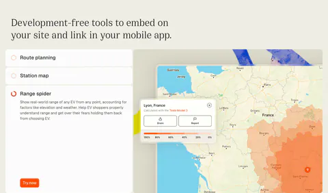 Chargetrip features section: serif headline over an accordion list of embeddable tools beside a France map with an EV range overlay
