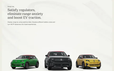 Chargetrip features section: left-aligned serif headline above three Renault 5 electric cars in green, black and yellow on a light gray backdrop