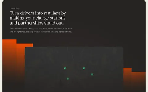 Chargetrip features section: serif headline over a dark charge station map with orange bars, above a 95% accuracy stat card and a quote card