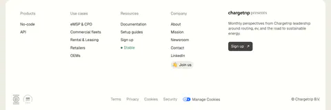 Chargetrip footer section: four link columns beside a newsletter sign-up blurb, with legal links and certification badges on a white panel