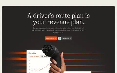 Chargetrip hero section: centered serif headline above a hand holding an EV charger, floating UI cards and a logo strip on a dark panel