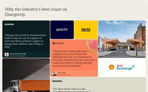 Chargetrip testimonials section: bento grid of quote cards, partner logo tiles and photos of a truck and charging station on beige