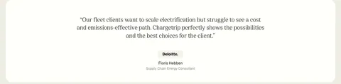 Chargetrip testimonials section: centered serif quote from a Deloitte consultant with company badge and name on a white rounded panel