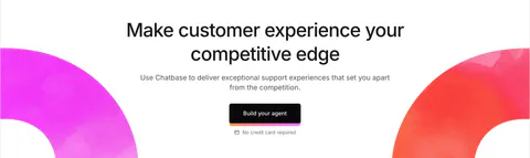 Chatbase call-to-action section: centered headline and dark button framed by magenta and red watercolor arcs on white