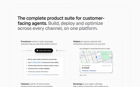 Chatbase features section: bento grid of product UI tiles for procedures, widgets, helpdesk and analytics, a centered quote and logo row