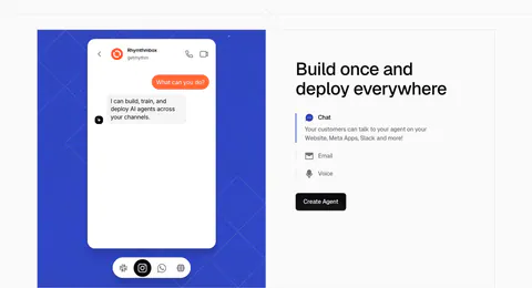 Chatbase features section: blue patterned panel with a chat app mockup on the left, headline and Chat, Email, Voice selector on the right