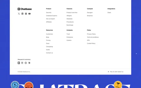 Chatbase footer section: white link-column panel on a blue background above a giant serif Chatbase wordmark with compliance stickers