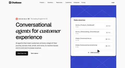 Chatbase hero section: left headline with italic serif words and CTAs, right blue patterned panel with a data sources UI card