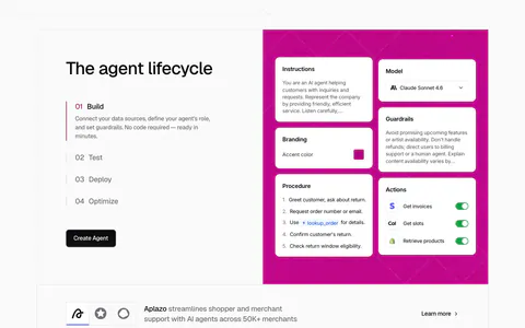 Chatbase how it works section: four numbered lifecycle steps beside a magenta panel of agent config cards, customer story strip below