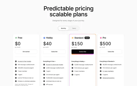 Chatbase pricing section: centered headline and monthly/yearly toggle above four plan cards and a customer logo row