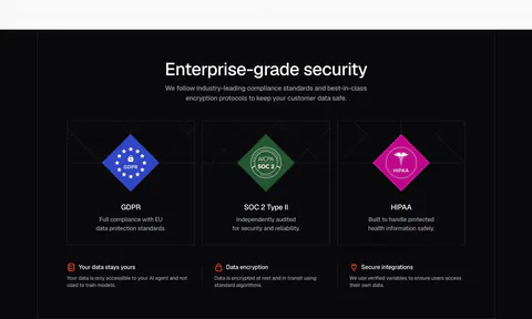 Chatbase security section: dark centered headline over three cards with GDPR, SOC 2 and HIPAA diamond badges and a row of trust points