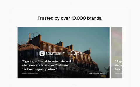 Chatbase testimonials section: slider of photo-backed customer story cards with arrows, G2 rating and badges below