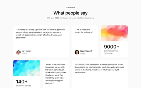 Chatbase testimonials section: centered heading above a bento grid of quote cards and two stat cards with watercolor images