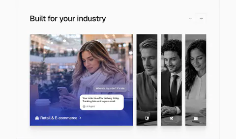 Chatbase use cases section: industry slider with an expanded retail photo card with chat bubbles and narrow grayscale photo cards