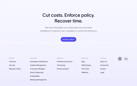 Clarasight footer section: centered CTA headline and button above link columns, compliance badges and a huge faint lavender wordmark