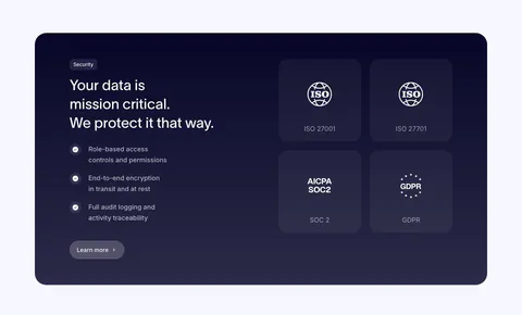 Clarasight security section: dark navy card with headline, checklist and button on the left and a 2x2 grid of ISO, SOC 2 and GDPR badges