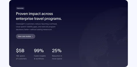 Clarasight stats section: dark navy card with headline, copy and case study button above three large metrics, faint dotted globe at right