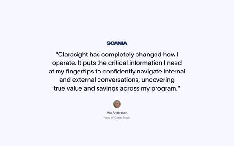 Clarasight testimonials section: centered quote under a Scania logo with a round headshot, name and title below on a pale background