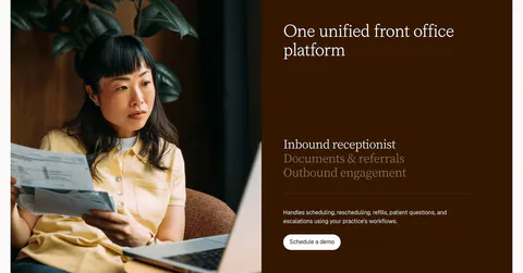 Clarion features section: split card with a photo of a woman reviewing papers beside a dark brown panel with a serif tab list and button