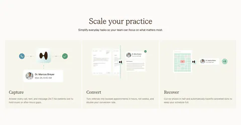 Clarion features section: centered serif headline above three cream cards for Capture, Convert and Recover with light UI mockups