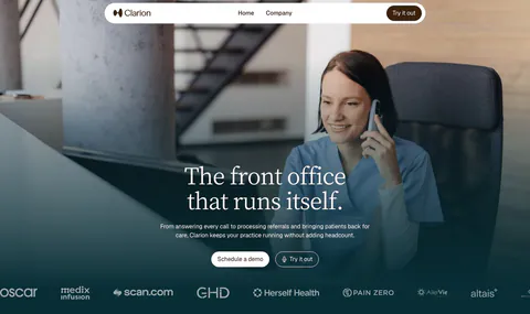 Clarion hero section: full-bleed photo of a clinic worker on the phone, centered serif headline, two buttons and a customer logo row