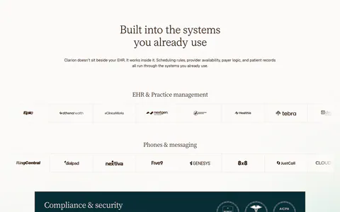 Clarion integrations section: centered serif headline above two rows of EHR and phone system logos and a dark compliance badge banner