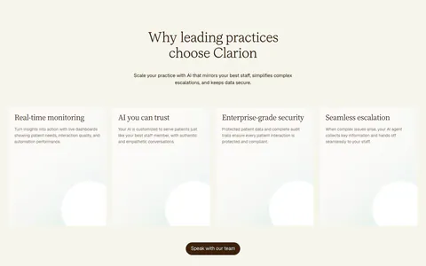 Clarion value proposition section: centered serif headline above four tall cream cards with soft circle shapes and a brown button