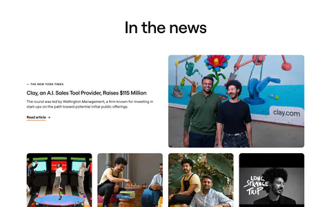 Clay blog & resources section: centered heading over a featured press story with founder photo and a row of four photo article cards